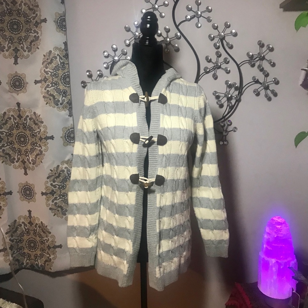 LANDS END Wool Light blue cream woven Hood sweater